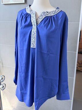 Bob Mackie Royal Blue Embroidered Notch-Neck Tunic